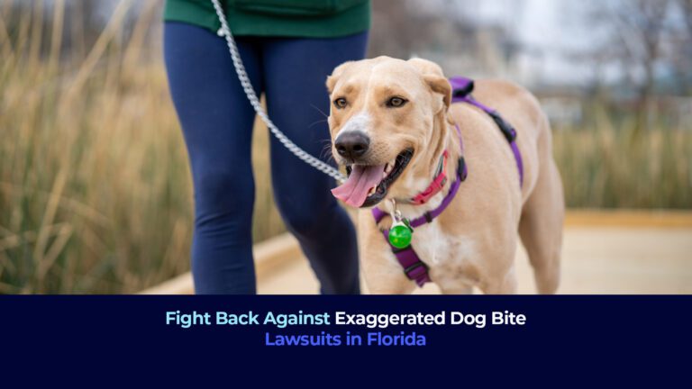 A picture of a dog walking with her owner and the title "Fight Back Against Exaggerated Dog Bite" Lawsuits in Florida